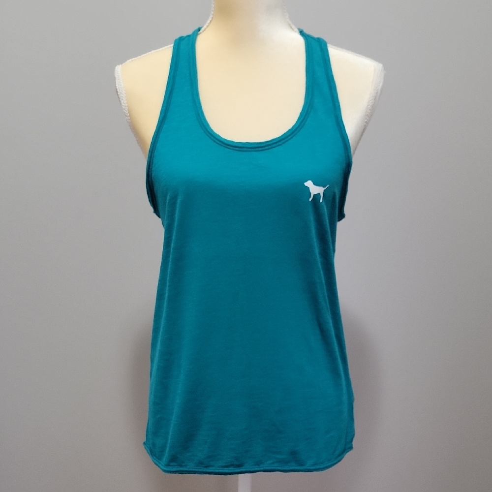 PINK Victorias Secret Teal Racerback Tank Top with Dog Logo And Stripe Sz XS